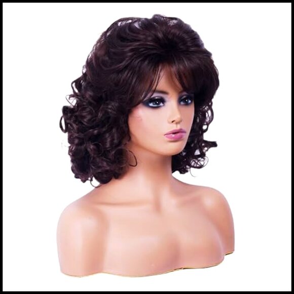 Vintage Wavy Synthetic Wig with Bangs Shoulder Length Heat Resistant Cosplay